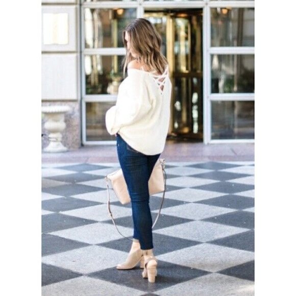 Topshop Womens Sz 4 Cross Back Lace Up Back Sweater Bell Sleeve Boho Ivory s - Picture 2 of 12